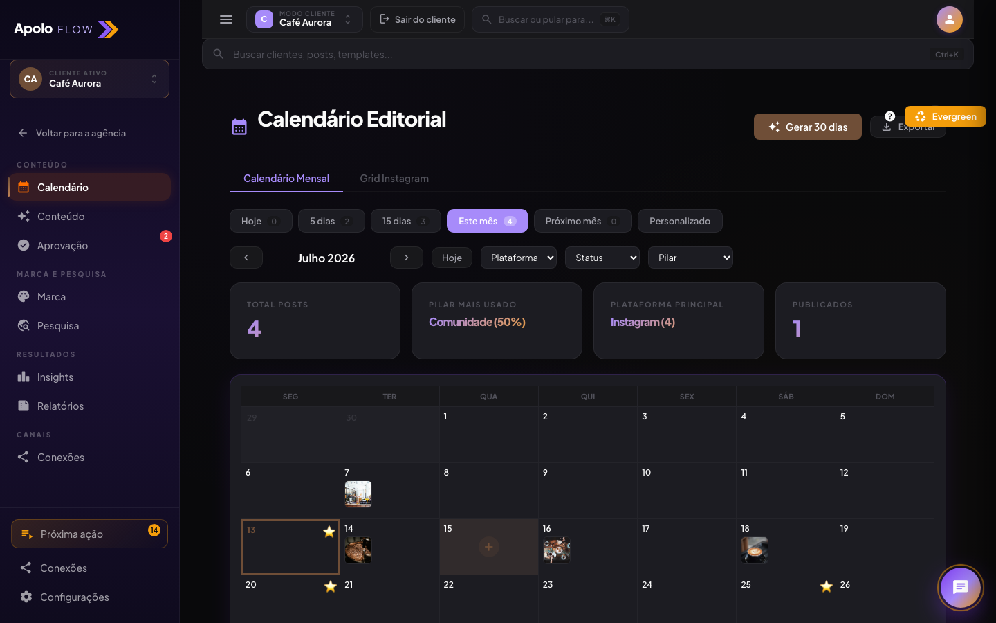 Calendário por conta e fuso