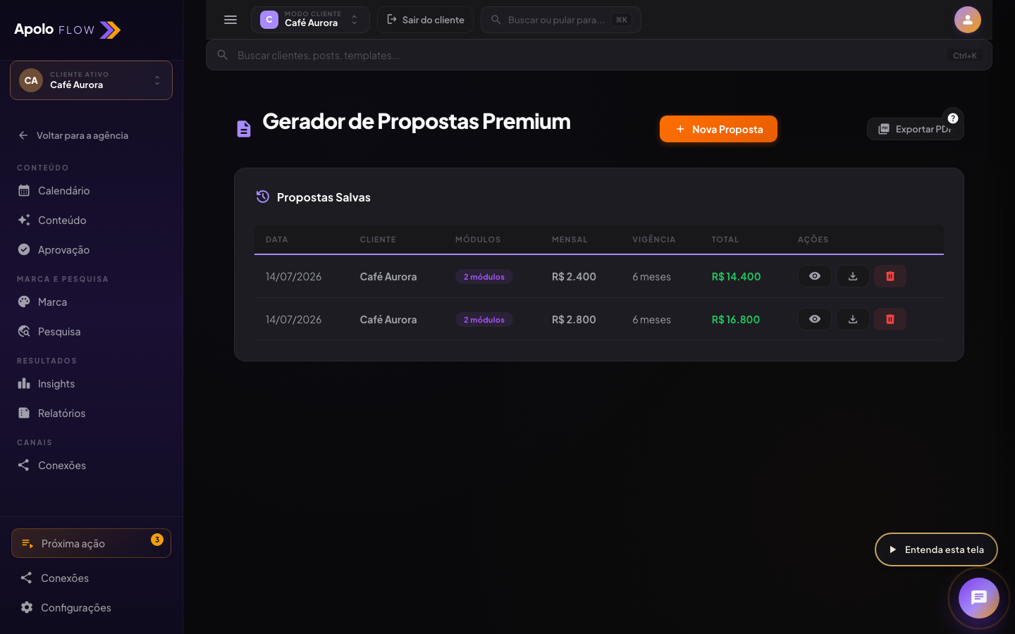 Página de propostas do Apolo, com blocos de serviço e preço